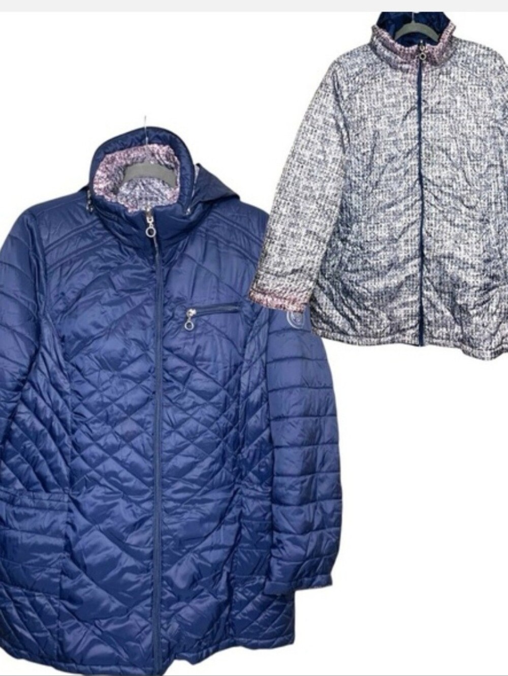 Hooded Reversible Quilted Jacket 1XL Navy Blue Abstract Print Lightweight Coat